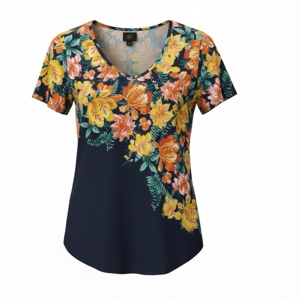 JM Collection Navy Floral V-Neck Short Sleeve Tee with Yellow & Orange Blooms